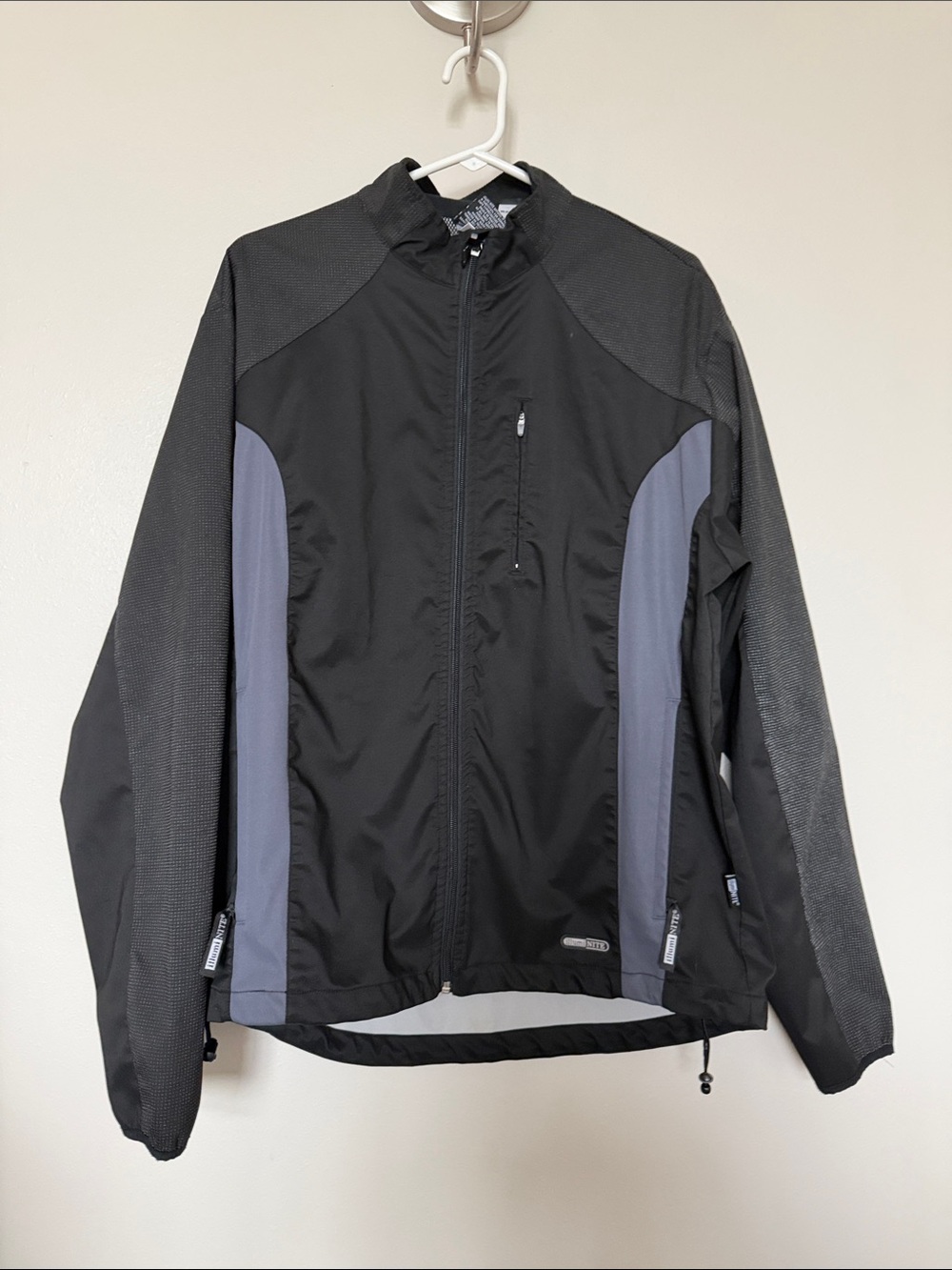 Men's Black and Gray Windbreaker Jacket with Zip Chest Pocket
